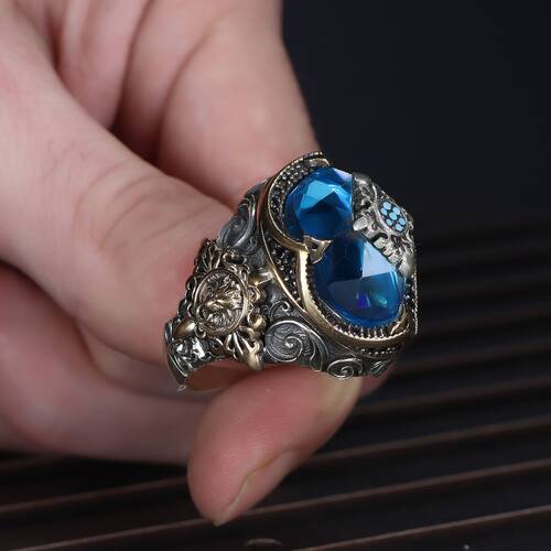 925 Sterling Silver Men's Ring With Aqua Marine Stone - 3