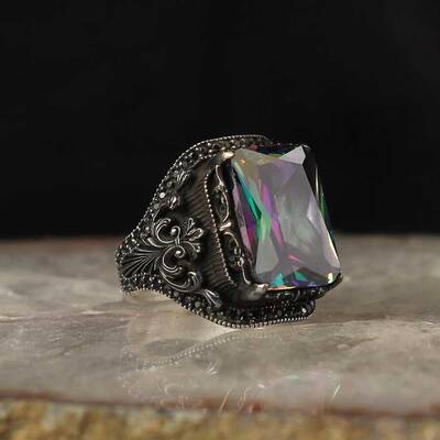 925 Sterling Silver Men's Ring With Mystic Topaz Stone - 1