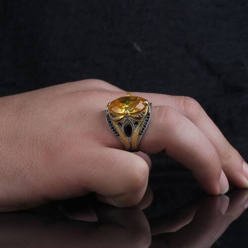 925 Sterling Silver Men's Ring With Rhodium Plated Citrine Stone - 3