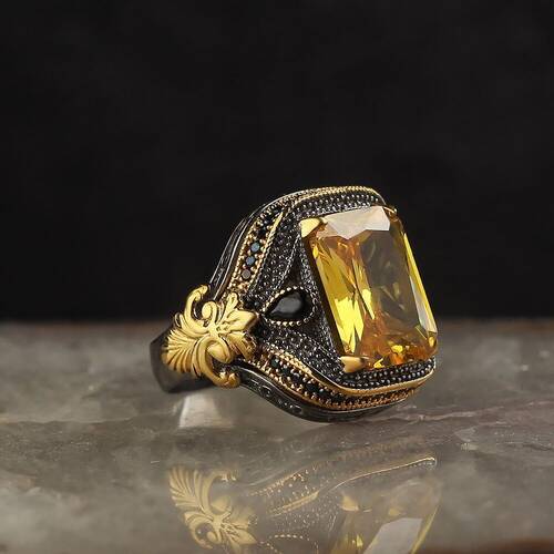 925 Sterling Silver Men's Ring With Rhodium Plated Citrine Stone - 1