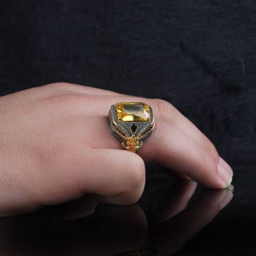 925 Sterling Silver Men's Ring With Rhodium Plated Citrine Stone - 3