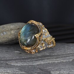 925 Sterling Silver Men's Ring With Rhodium Plated Labradorite Stone - Elegant Jewelry