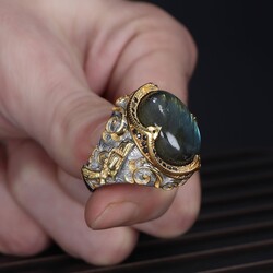 925 Sterling Silver Men's Ring With Rhodium Plated Labradorite Stone - 3