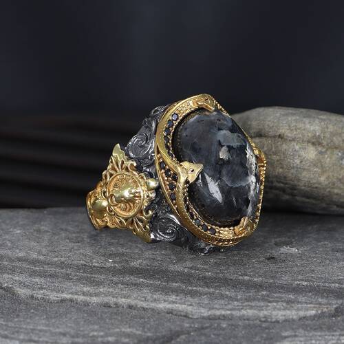 925 Sterling Silver Men's Ring With Rhodium Plated Larvakit Stone - 2