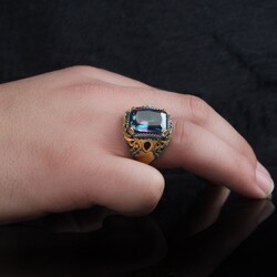 925 Sterling Silver Men's Ring With Rhodium Plated Mystic Topaz Stone - 3