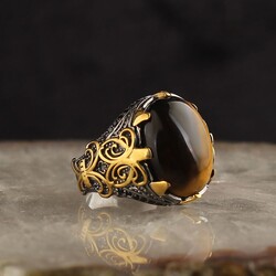 925 Sterling Silver Men's Ring With Rhodium Plated Tiger's Eye Stone - Elegant Jewelry