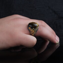 925 Sterling Silver Men's Ring With Rhodium Plated Tiger's Eye Stone - 2