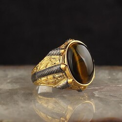 925 Sterling Silver Men's Ring With Rhodium Plated Tiger's Eye Stone - Elegant Jewelry