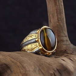 925 Sterling Silver Men's Ring With Rhodium Plated Tiger's Eye Stone - 2
