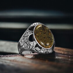 Fossil Drop Amber Stone Men's Silver Ring - Elegant Jewelry