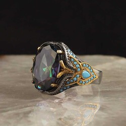 Mystic Topaz Stone Rhodium Plated 925 Sterling Silver Men's Ring - Elegant Jewelry