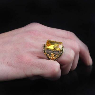 Rhodium Plated 925 Sterling Silver Men's Ring With Citrine Stone - 2