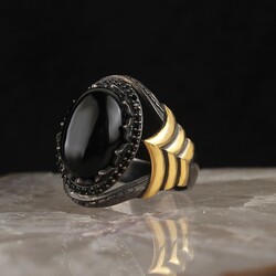 Rhodium Plated Onyx Stone Men's Silver Ring - Elegant Jewelry