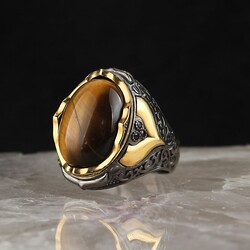 Rhodium Plated Tiger Eye Stone Men's Silver Ring - Elegant Jewelry