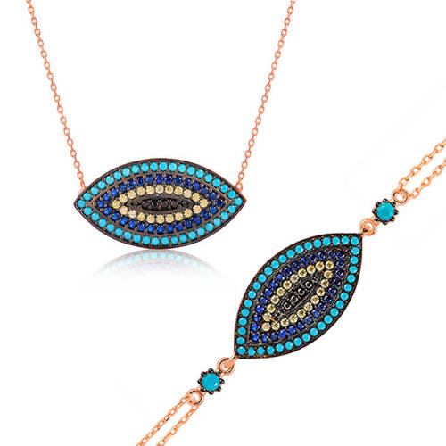 Silver Evil Eye Women's Necklace And Bracelet Set - 1
