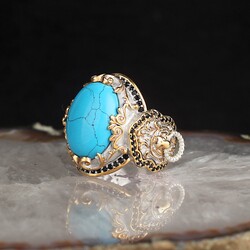 Silver Men's Ring With Rhodium Plated Turquoise Stone And Lion Symbol - Elegant Jewelry