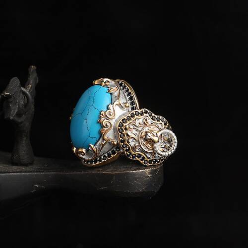 Silver Men's Ring With Rhodium Plated Turquoise Stone And Lion Symbol - 3